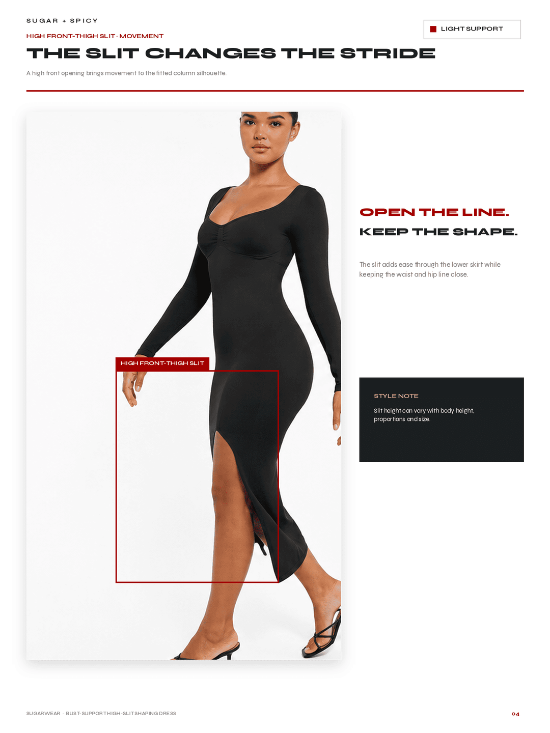 A fashion support product demonstration page showing a model wearing a black long-sleeve high-waisted dress with a thigh-high slit. The page includes text about the &