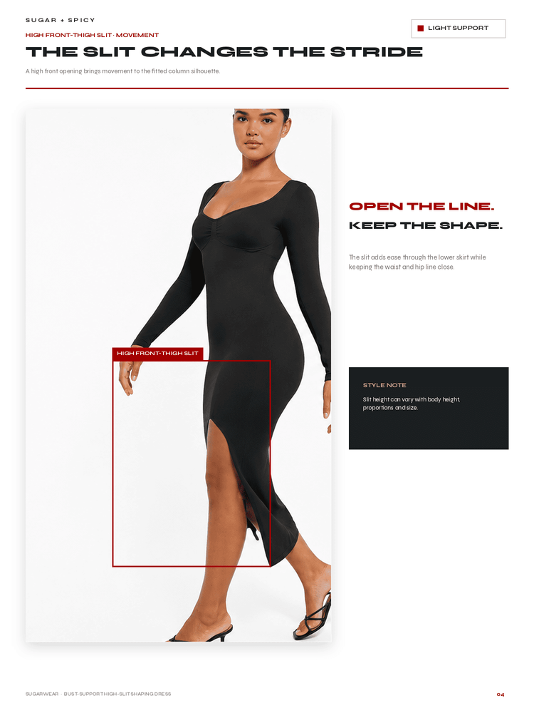 A fashion support product demonstration page showing a model wearing a black long-sleeve high-waisted dress with a thigh-high slit. The page includes text about the 'Slit Changes the Stride' and features a black support insert labeled 'Highly Fitted Support Slit' on the left side of the model.