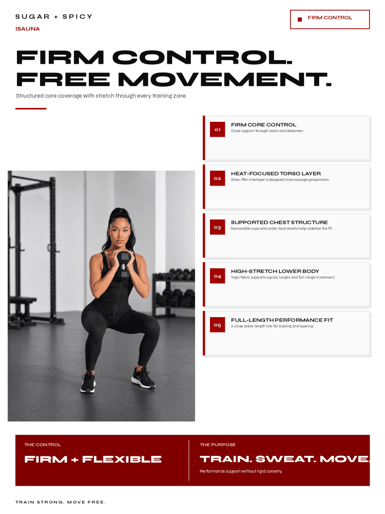 A promotional fitness flyer for BAUMA, featuring a woman in a black athletic outfit performing a squat while holding a kettlebell in a gym. The flyer includes text such as 'FIRM CONTROL.
