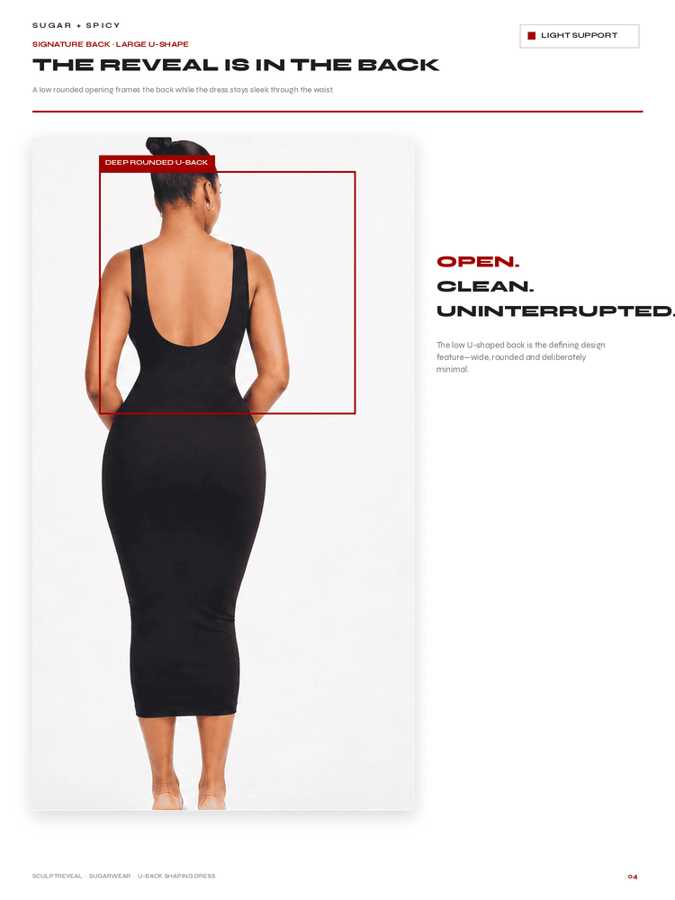A catalog page showing a model from the back wearing a black spaghetti-strap dress with a deep U-back, framed by text describing the fit and design. The page has a white background with red and black typography.
