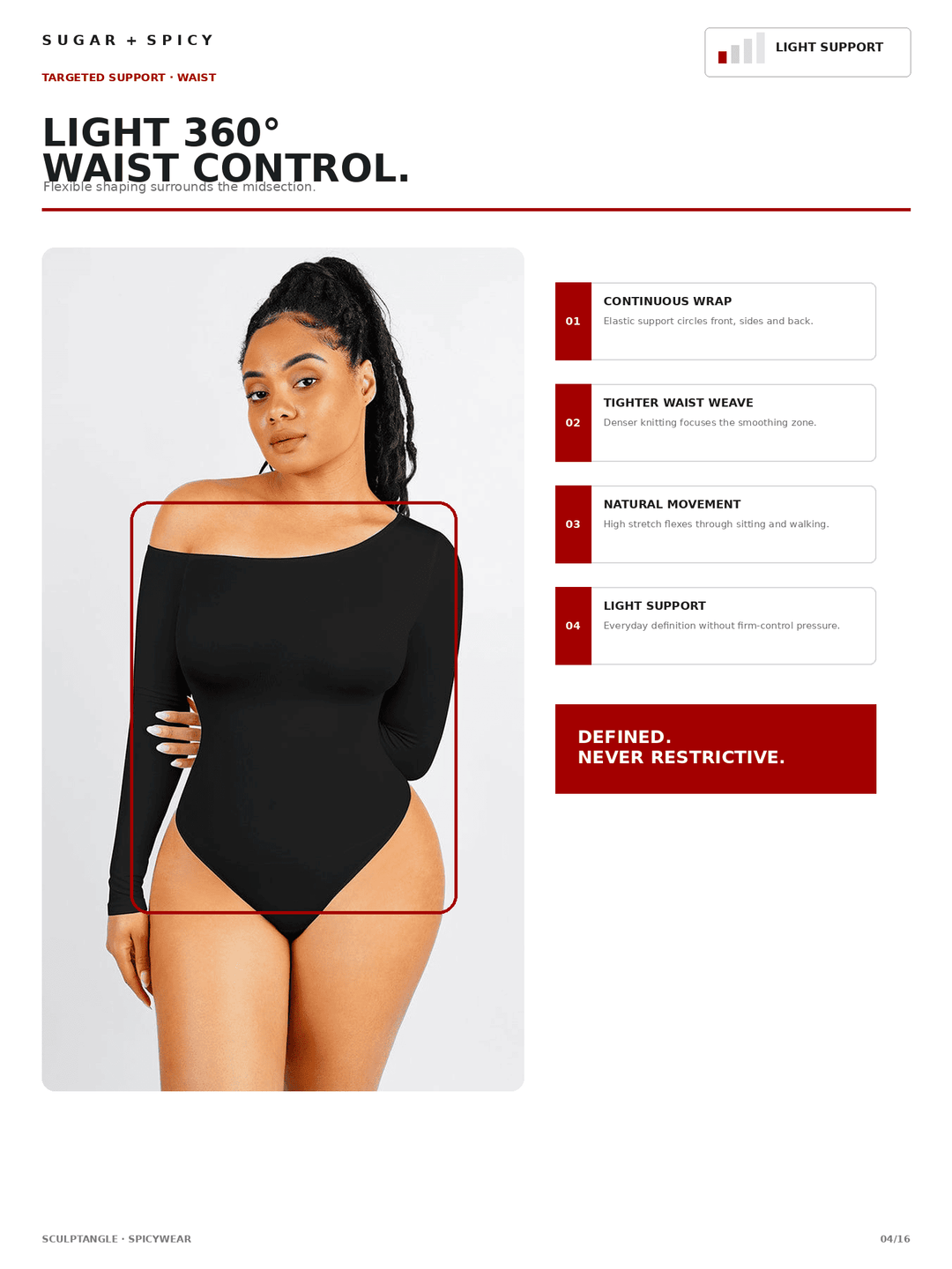 A promotional graphic for a black long-sleeve waist-trimming bodysuit shown on a model against a light gray background, with text callouts about light support and waist control features.