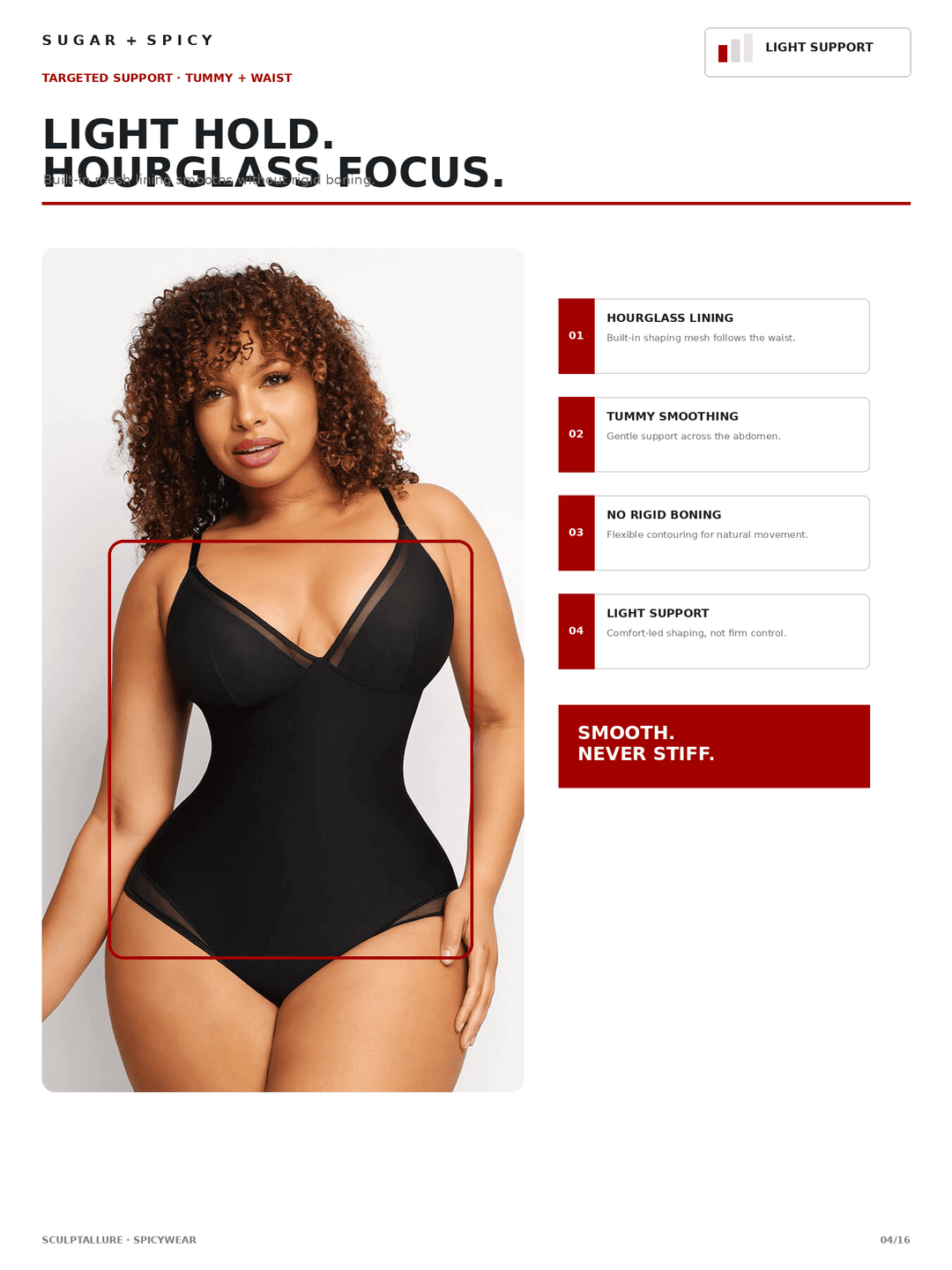 A promotional page for a black hourglass bodysuit on a model, with text callouts about light support, hourglass lining, tummy smoothing, no rigid boning, and smooth never stiff. The page includes the brand name SCULPTED at the bottom left.