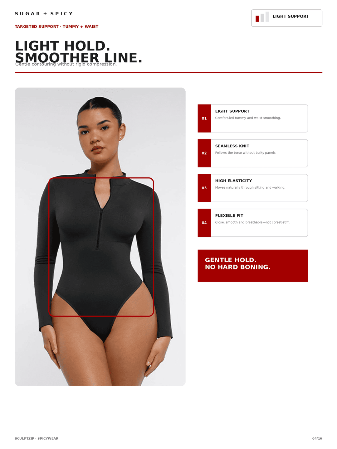 A model wears a black long-sleeve bodysuit with a half-zip neckline and high-cut legs on a white background, with feature callouts and text describing the product&