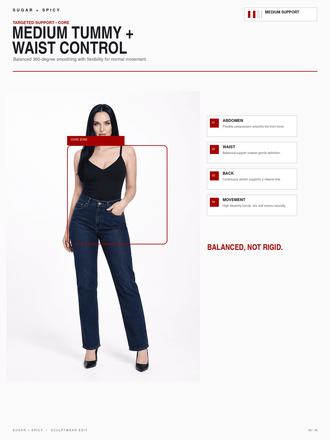 A catalog page showing a model wearing dark blue jeans with a black camisole, labeled for &