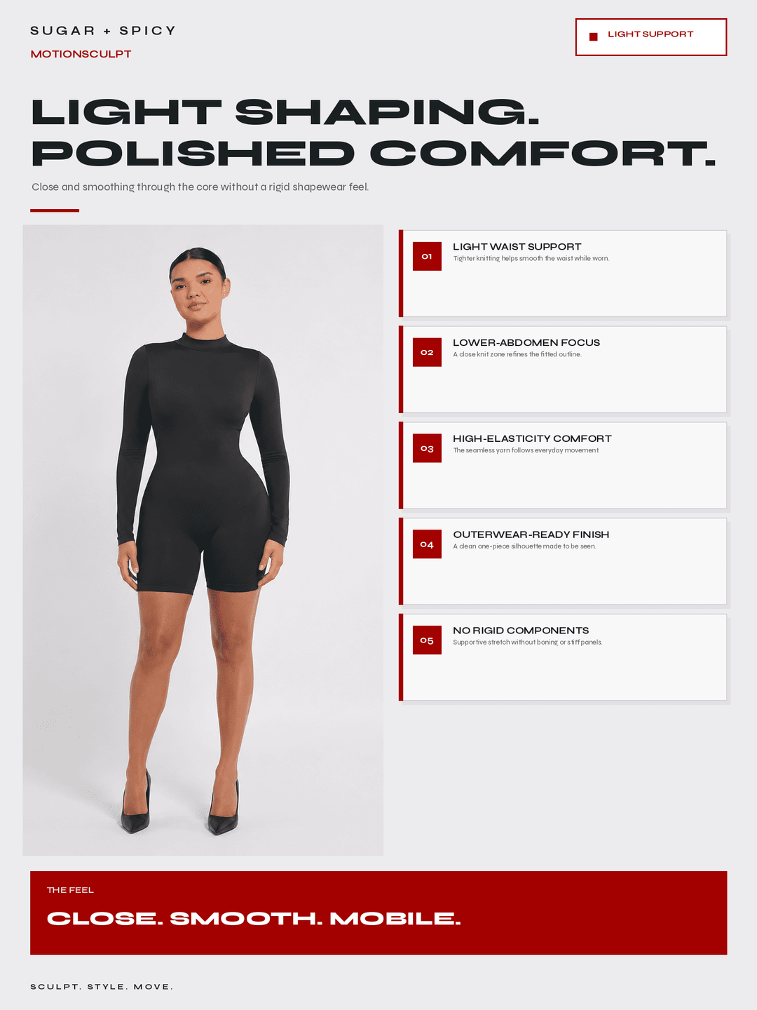 A promotional product image for a black long-sleeve mini dress worn by a model, set against a light gray background with text callouts and feature boxes on the right. The top left reads &