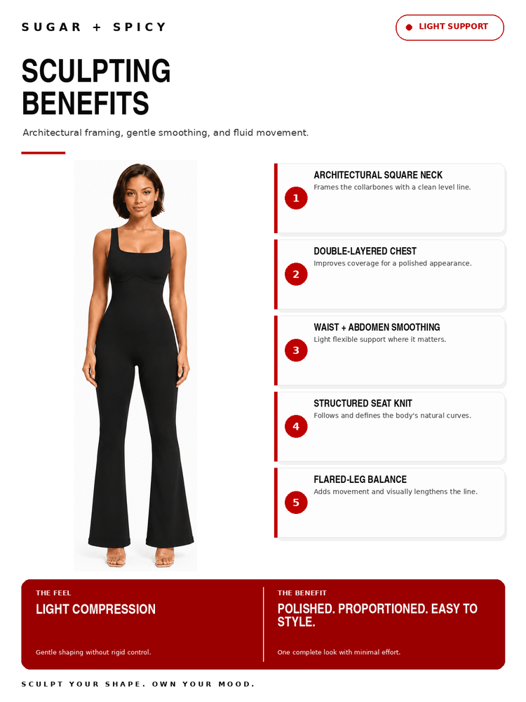 An informational marketing graphic for a black sleeveless jumpsuit, titled 'SCULPTING BENEFITS' under the brand 'SUGAR + SPICY'. It features a model wearing the jumpsuit on the left, with five numbered benefits listed on the right, and two summary banners at the bottom.