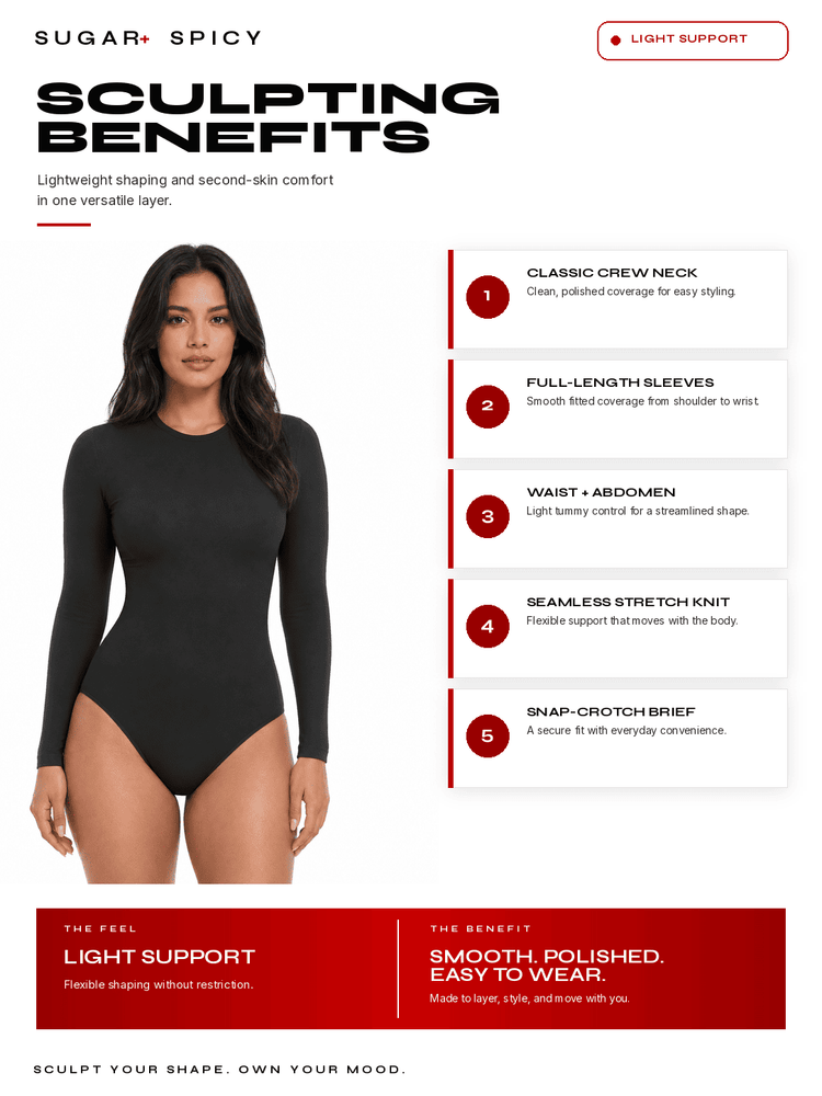 BodySculpt Seamless Long Sleeve Bodysuit highlighting sculpting benefits with lightweight shaping features.