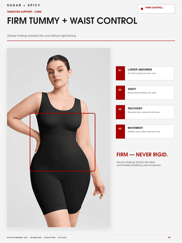 A model wears a black fitted bodysuit against a light gray background, with a red box highlighting the torso area. The page includes marketing text about waist control and a list of benefits on the right.
