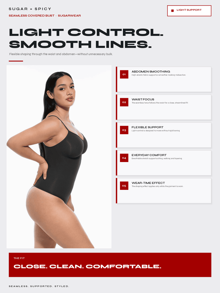 A promotional graphic for a black seamless bodysuit, featuring a model wearing the garment on the left and feature callouts on the right. The text highlights light control, smooth lines, abdominal smoothing, waist focus, flexible support, everyday comfort, and wear-time effect.