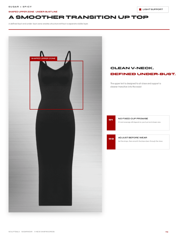 A product information page for a black underbust shaper, showing a model wearing the garment with red callout boxes and text describing features like a clean V-neck and defined under-bust support.