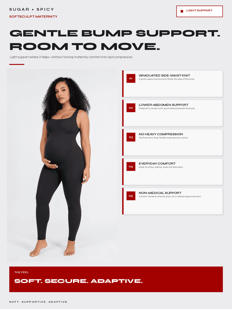 A promotional graphic for a maternity support garment featuring a pregnant model wearing a black bodysuit and leggings, alongside text callouts describing support features such as graduated side-waist knit, lower-abdomen support, no heavy compression, everyday comfort, and non-medical support. The layout is clean and informative on a white background with red and black text.