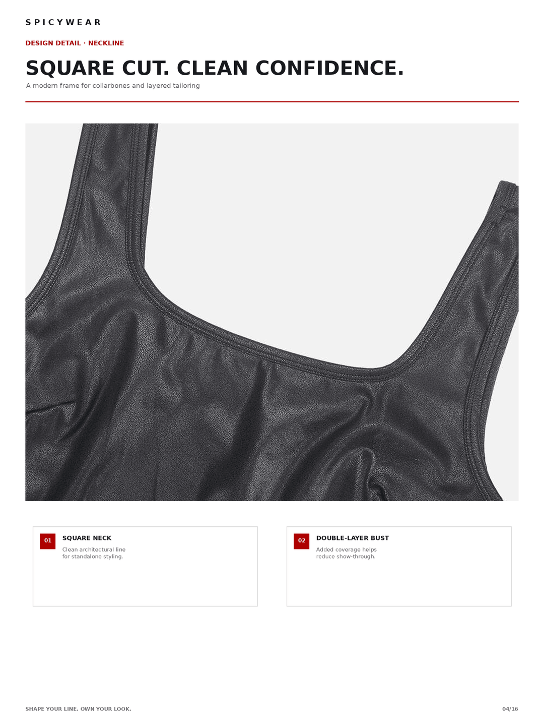 A product detail page for a black satin-like sports bra from Spicywear, showing a close-up of the square neckline and double-layer bust construction on a white background with text callouts.