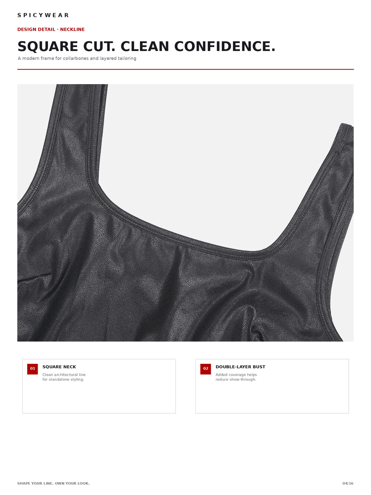 A product detail page for a black satin-like sports bra from Spicywear, showing a close-up of the square neckline and double-layer bust construction on a white background with text callouts.
