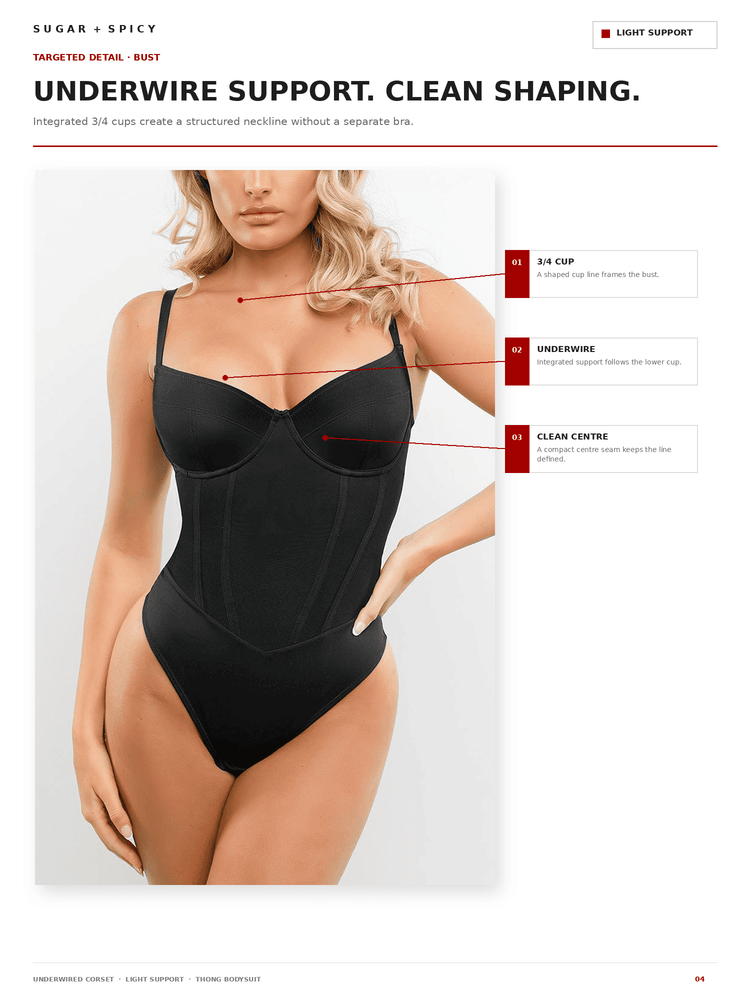 A model wearing a black structured underwire bodysuit, shown on a white page with text callouts explaining features like 3/4 cup, underwire, and clean center. Brand text 'SUGAR + SPICY' appears at the top.