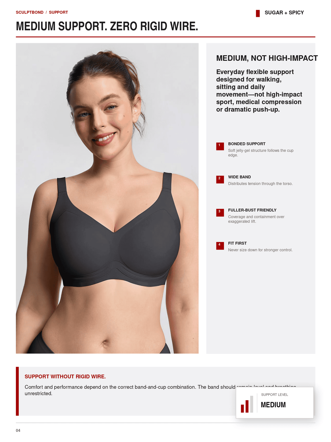 A woman wearing a dark gray underwire bra is shown on a white page with text describing support levels and features for a medium-support bra.