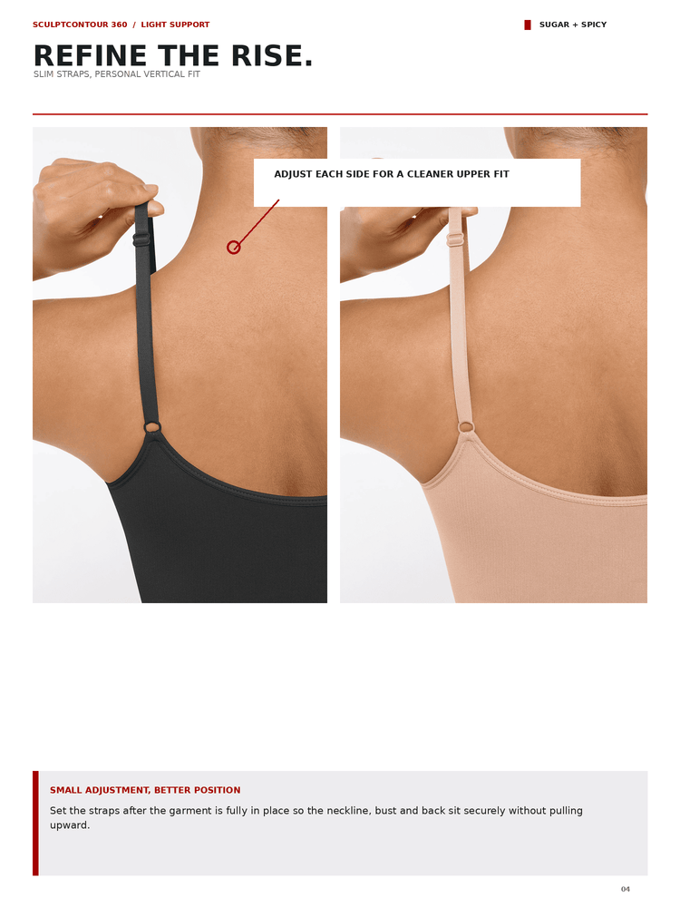 Instruction page from a fitness apparel guide showing two side-by-side back views of a woman wearing bra straps, one in black and one in nude beige, with text explaining strap adjustment for a cleaner upper fit.