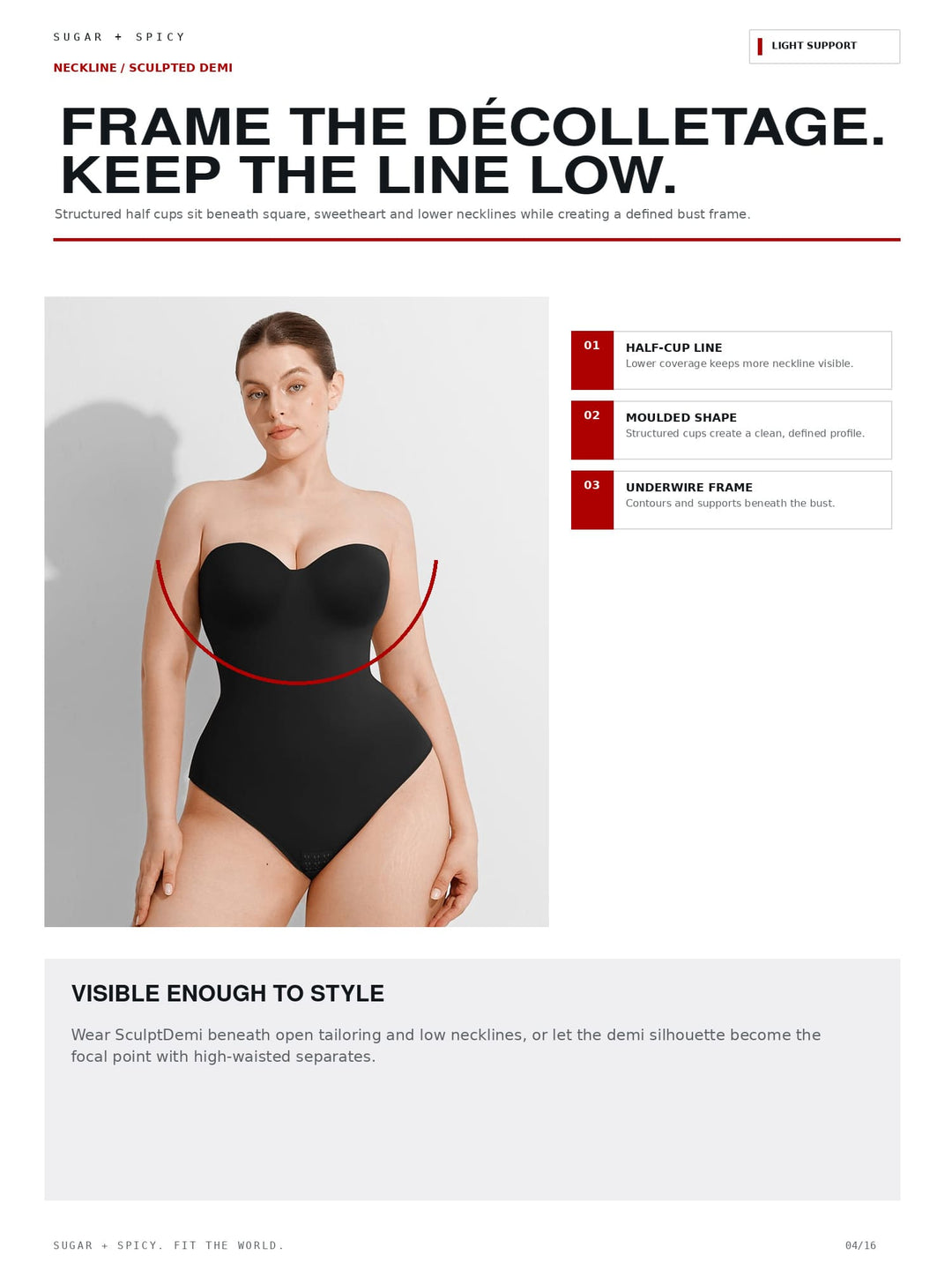 A fashion fit guide page for the SculptDemi bodysuit, showing a model wearing a black sweetheart-neck bodysuit with a red curved line indicating the frame. The page includes text explaining how to frame the decolletage and three numbered options.