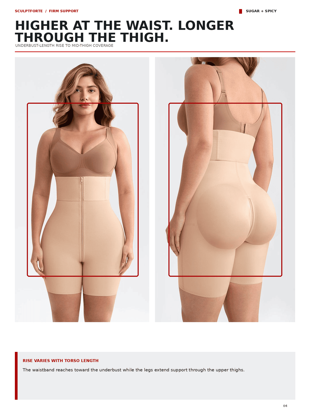 A catalog page showing a model from the front and back wearing a beige high-waisted shapewear brief. The page includes text describing the fit and style, with the model framed in red boxes to highlight the garment.
