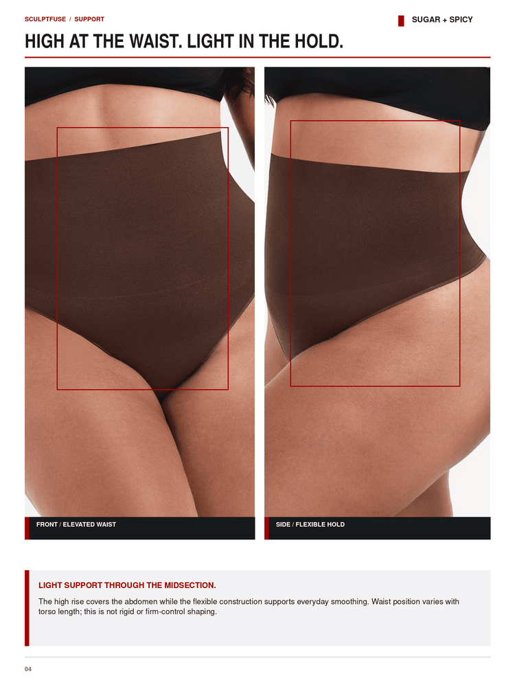 A product comparison page showing two side-by-side views of a model wearing a brown high-waisted shapewear brief. The left view is labeled 'PRIORITZ ELEVATED WAIST' and the right 'SIDE FLEXIBLE HOLD'.