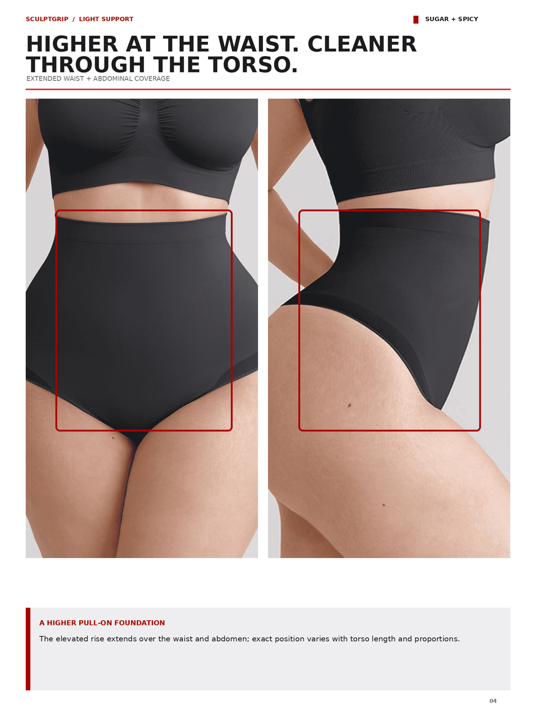 A product informational page showing a black high-waisted bikini or underwear bottom from two angles on a model. The page includes text about shaping through the torso and highlights the elevated waist coverage with red measurement boxes drawn around the garment area.