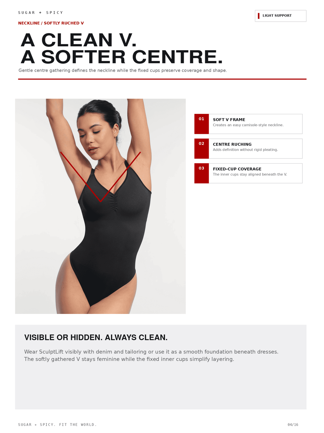A promotional apparel graphic showing a woman modeling a black fitted bodysuit against a light gray background, with red measurement lines indicating a soft V neckline and softer center. Text on the page includes &