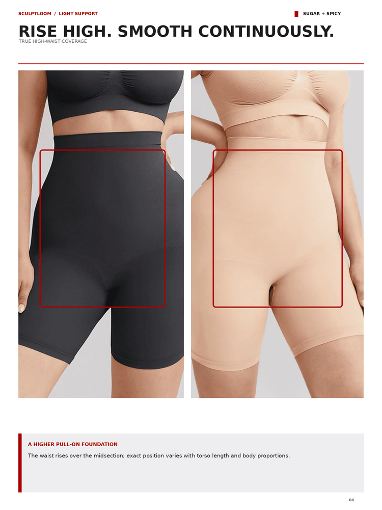 A side-by-side comparison of high-waisted shapewear briefs shown on a model, labeled as 'SUGAR + SPICY'. The left panel shows the product in black, and the right panel shows it in a nude beige color.