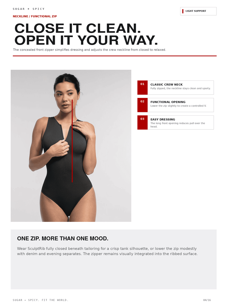 A branded product explainer page for a neckline/functional zipper feature, showing a woman modeling a black bodysuit with a red vertical guide line and text callouts about the zip opening styles.