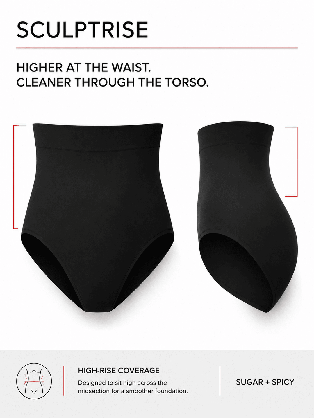 Black high-rise shapewear briefs shown from the front and side on a white background, with marketing text above and below describing the fit and style.
