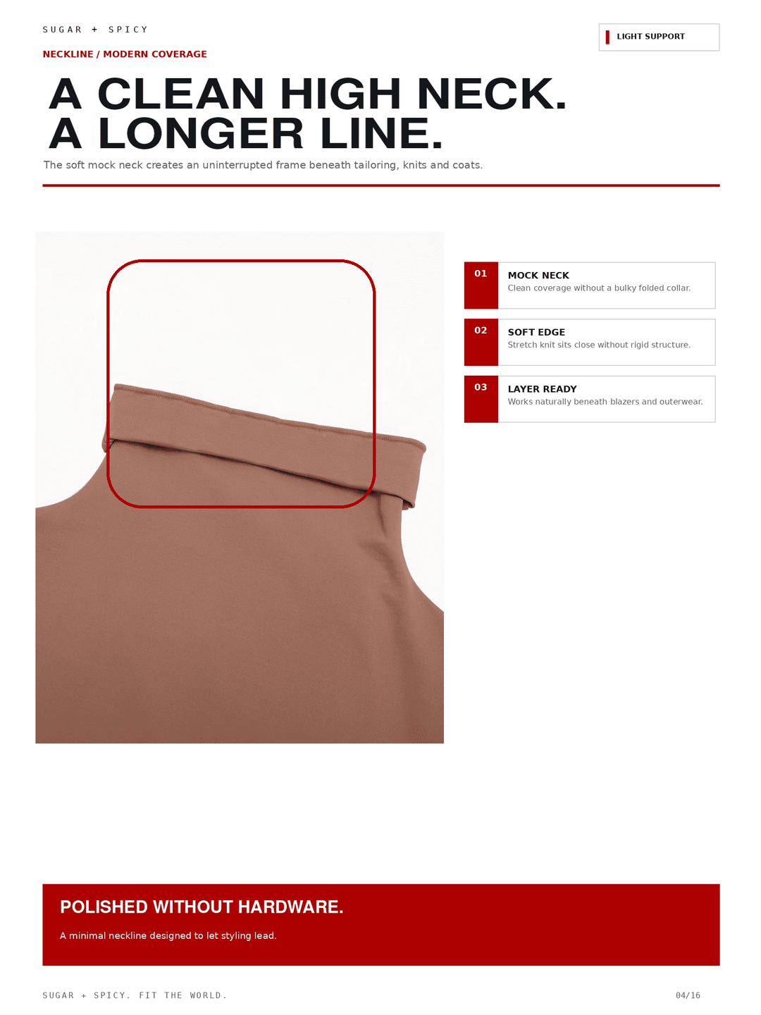 A product marketing page for a neckline modification service or product. The page features a brown fabric sample with a highlighted mock neck fold, accompanied by text callouts detailing the features of the &
