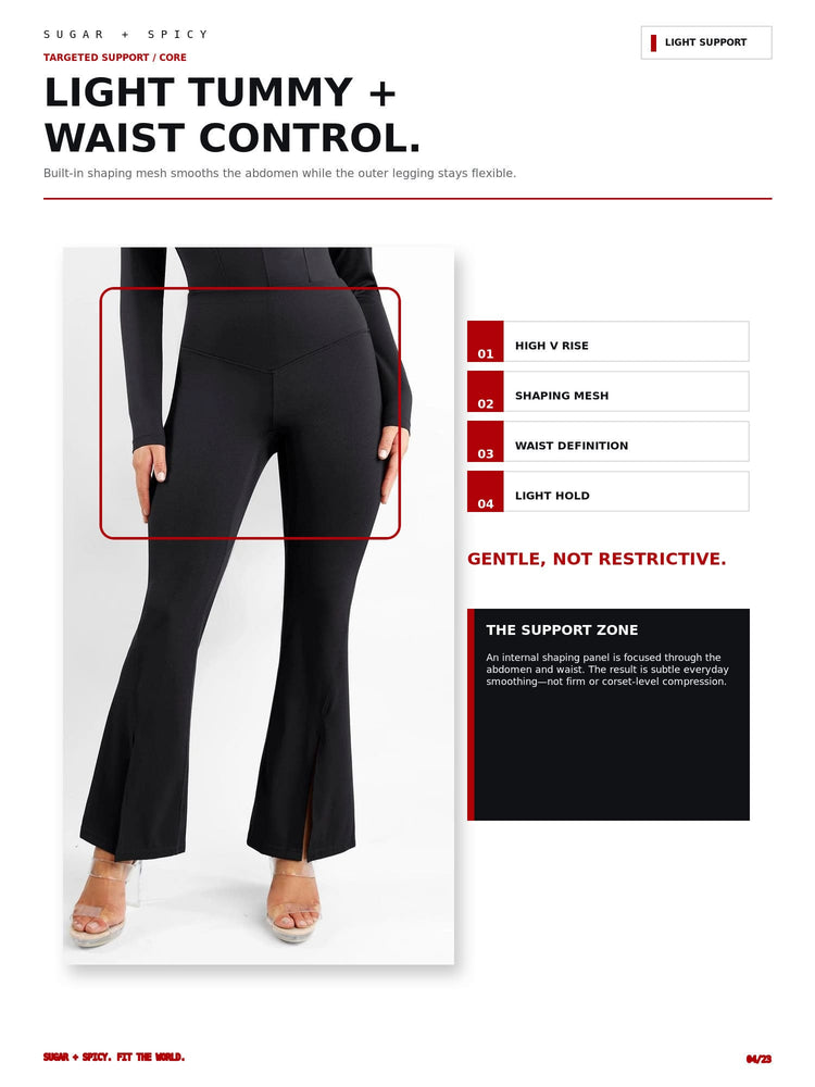 A product information page for Sugar + Spicy targeted support pants, showing a model from the waist down wearing black high-rise flared pants with side slits. The page includes text describing 'Light Tummy + Waist Control,' feature callouts, and a black support-zone inset.