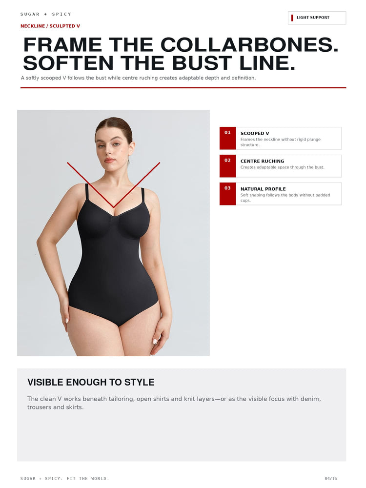 A fashion marketing page for Sugar + Spicy's Neckline / Sculpted V collection, featuring a model wearing a black bodysuit with red graphic lines indicating collarbone framing and bust softening. The page includes text and numbered feature callouts on a white background.