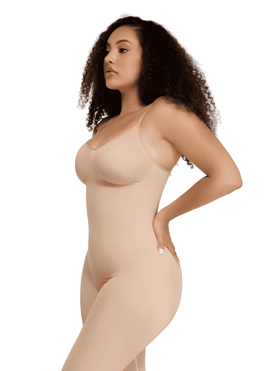 A woman modeling a seamless, skin-toned compression bodysuit or shapewear bodysuit against a solid white background.