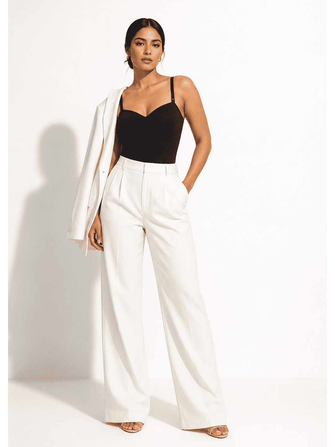 A woman modeling a white wide-leg blazer over a black camisole top and white high-waisted wide-leg trousers, standing against a white studio background with a soft shadow.