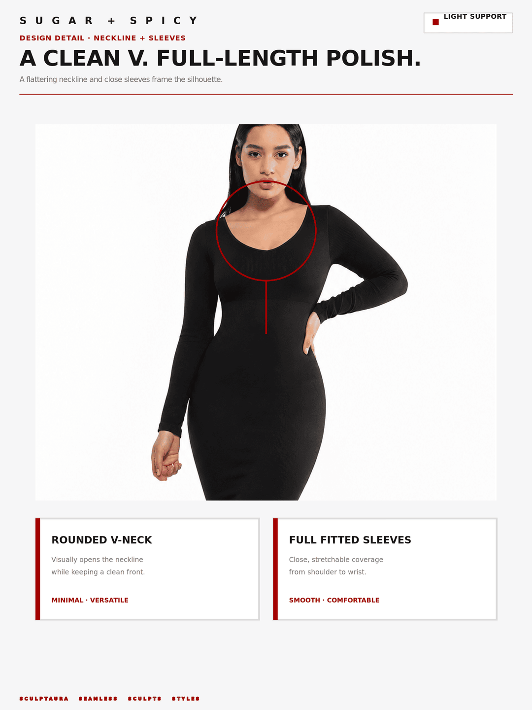 A model wears a fitted black long-sleeve dress with a deep V-neckline, shown on a white background with red outline annotations highlighting the neckline and sleeves. Text at the top reads &
