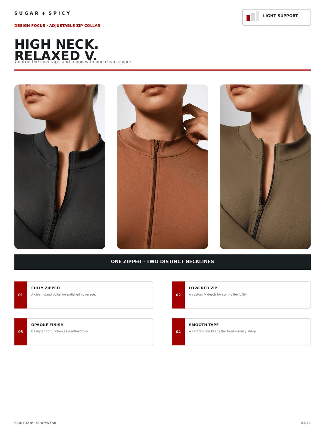 A catalog page for a high-neck zip collar, showing three models wearing the collar in black, brown, and olive green. The page includes text describing the design as &