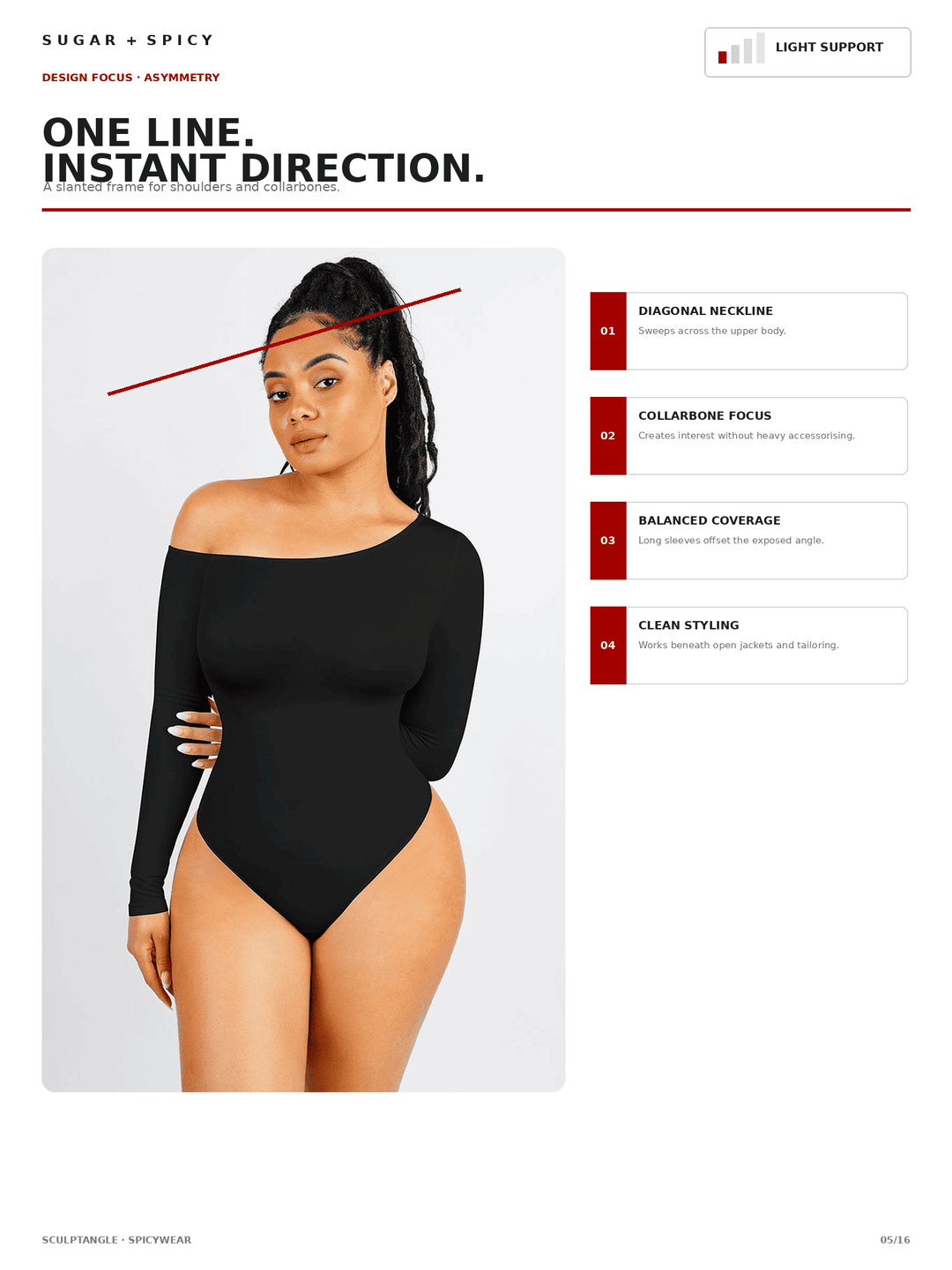 A fashion design concept page for a one-line bodysuit. The left side shows a model wearing the black off-the-shoulder long-sleeve bodysuit against a light gray background, with a red line indicating the neckline.