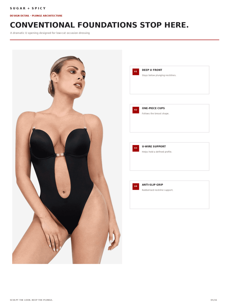 A catalog page for a black one-piece lingerie bodysuit with a deep plunging neckline and center cutout, shown on a model. The page includes marketing text, 'SUGAR + SPICY' branding, and feature callouts on the right.