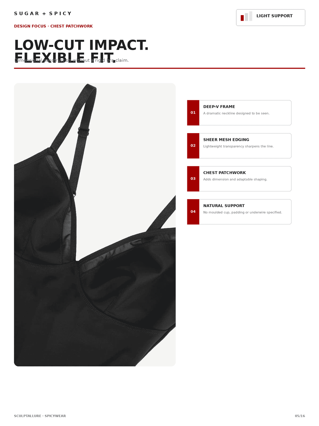 A product information page for a black bra, showing a close-up of the bra on the left and feature callouts on the right. The page has a white background with black and red text and a small &