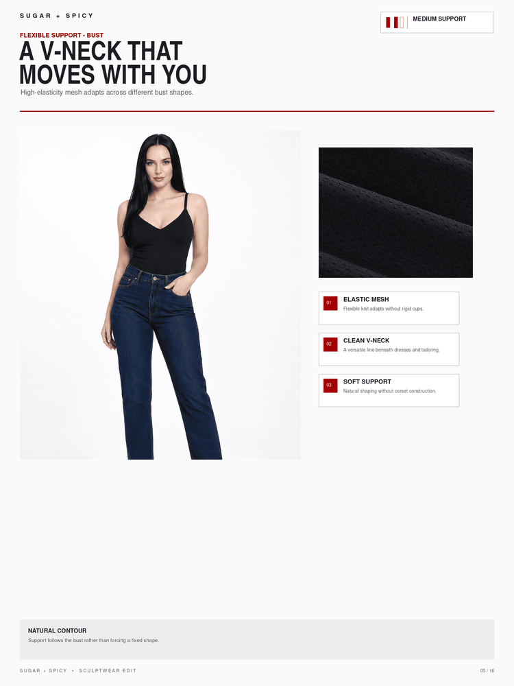 A promotional product page for a black V-neck tank top, showing a model wearing the top paired with dark blue jeans, a close-up of the black fabric texture, and feature callouts including elastic mesh, clean V-neck, and soft support.