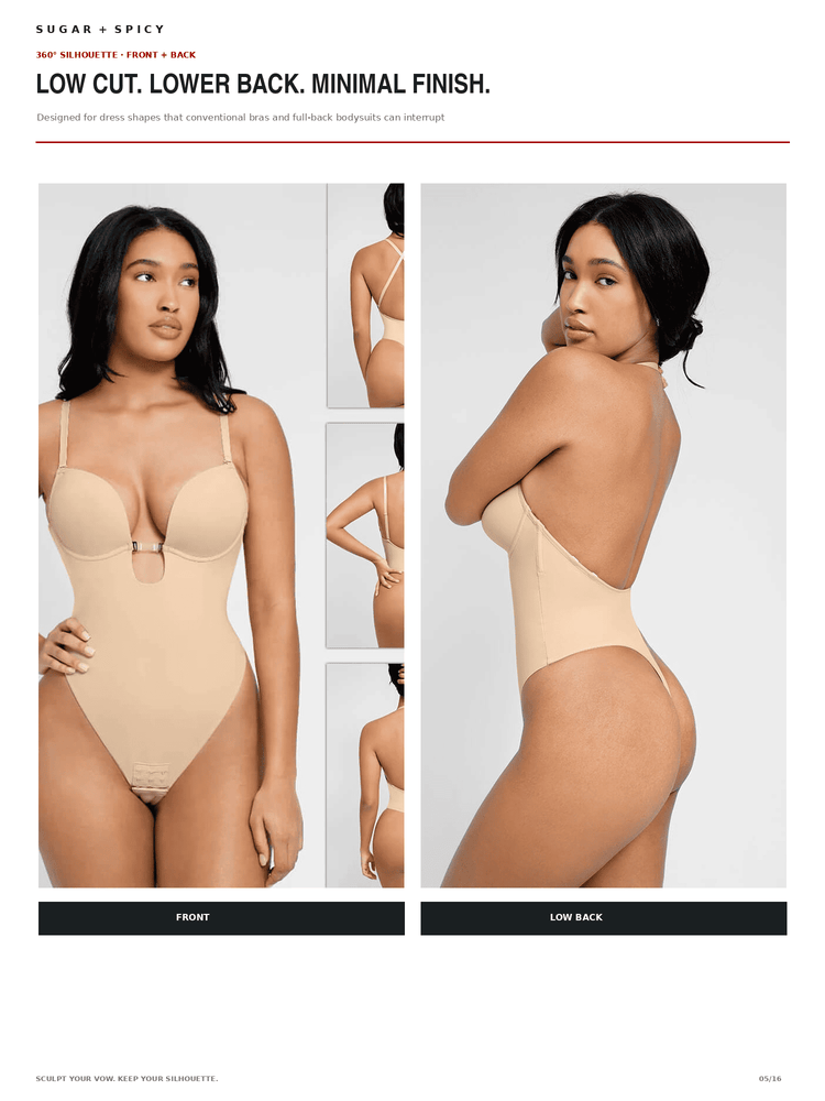 A catalog page showing a beige low-cut bodysuit on a model, with front and back views plus smaller inset detail shots. Text at the top reads 'SUGAR + SPICY' and 'LOW CUT.