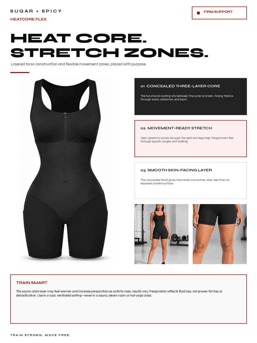 A black sleeveless athletic bodysuit with a front zipper, shown on a white branded product information page with text callouts and small inset photos of the garment worn.