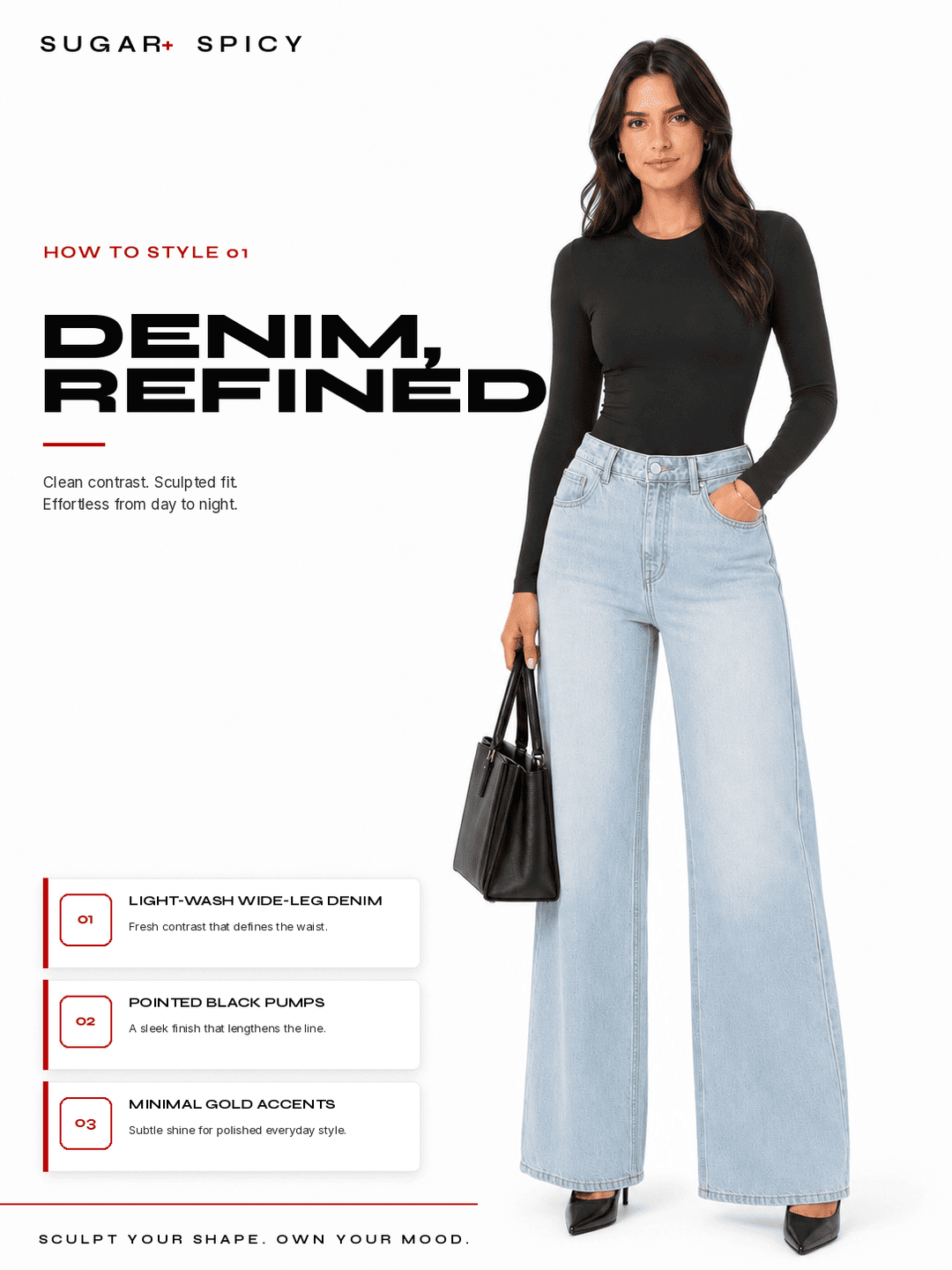 Model wearing seamless long sleeve bodysuit styled with light-wash wide-leg denim and black pumps.