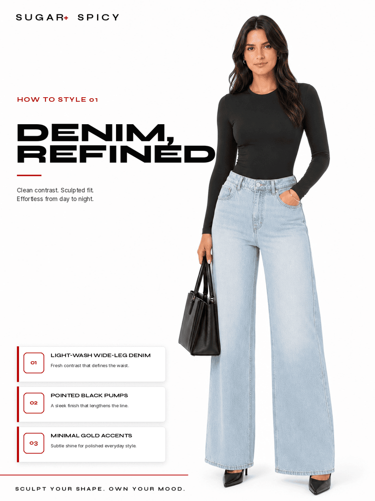 Model wearing seamless long sleeve bodysuit styled with light-wash wide-leg denim and black pumps.