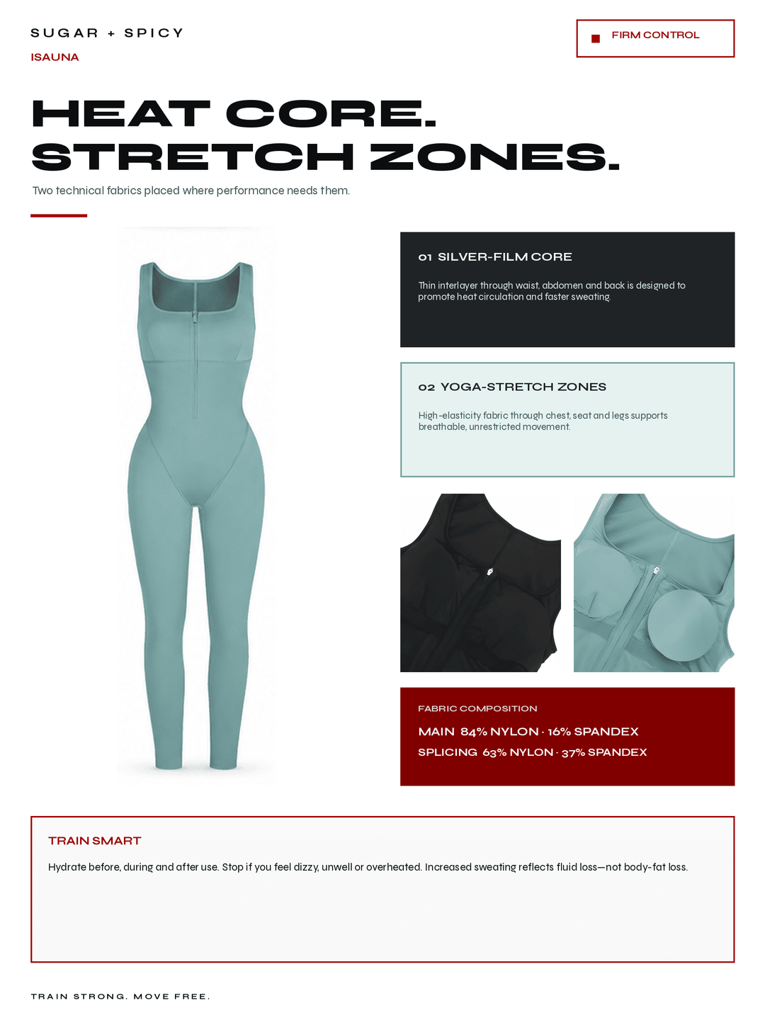 A promotional product graphic for a one-piece athletic compression garment. The main item shown is a light teal full-body sleeveless suit on a white background, with smaller inset views of the garment in black and a close-up of the fabric construction.