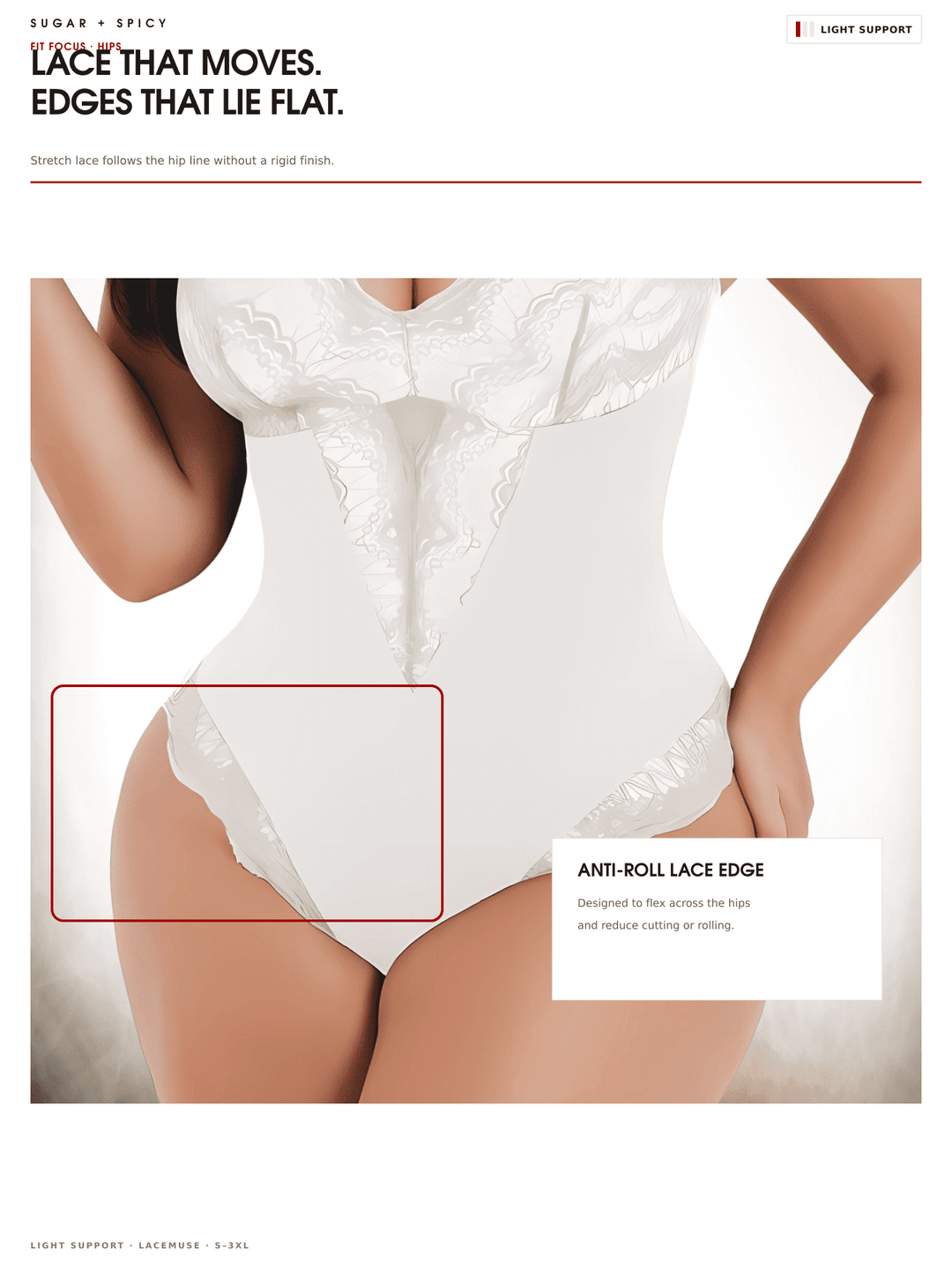 A model wears a white ruched bodysuit with lace trim, shown from the chest to upper thighs on a light gray background. The image includes marketing text and a red inset box highlighting the lace edge detail.