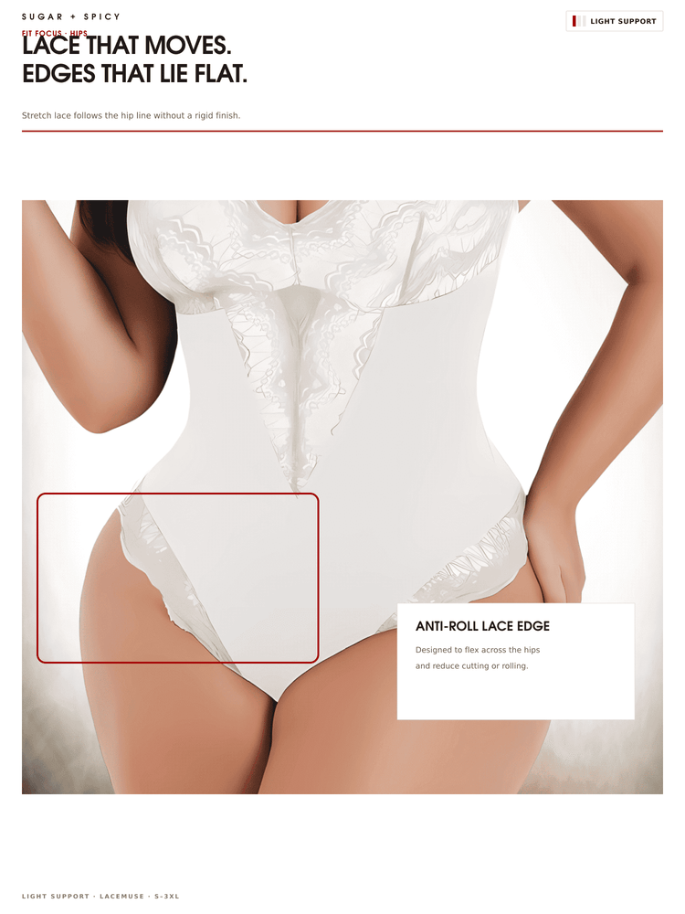 A model wears a white ruched bodysuit with lace trim, shown from the chest to upper thighs on a light gray background. The image includes marketing text and a red inset box highlighting the lace edge detail.