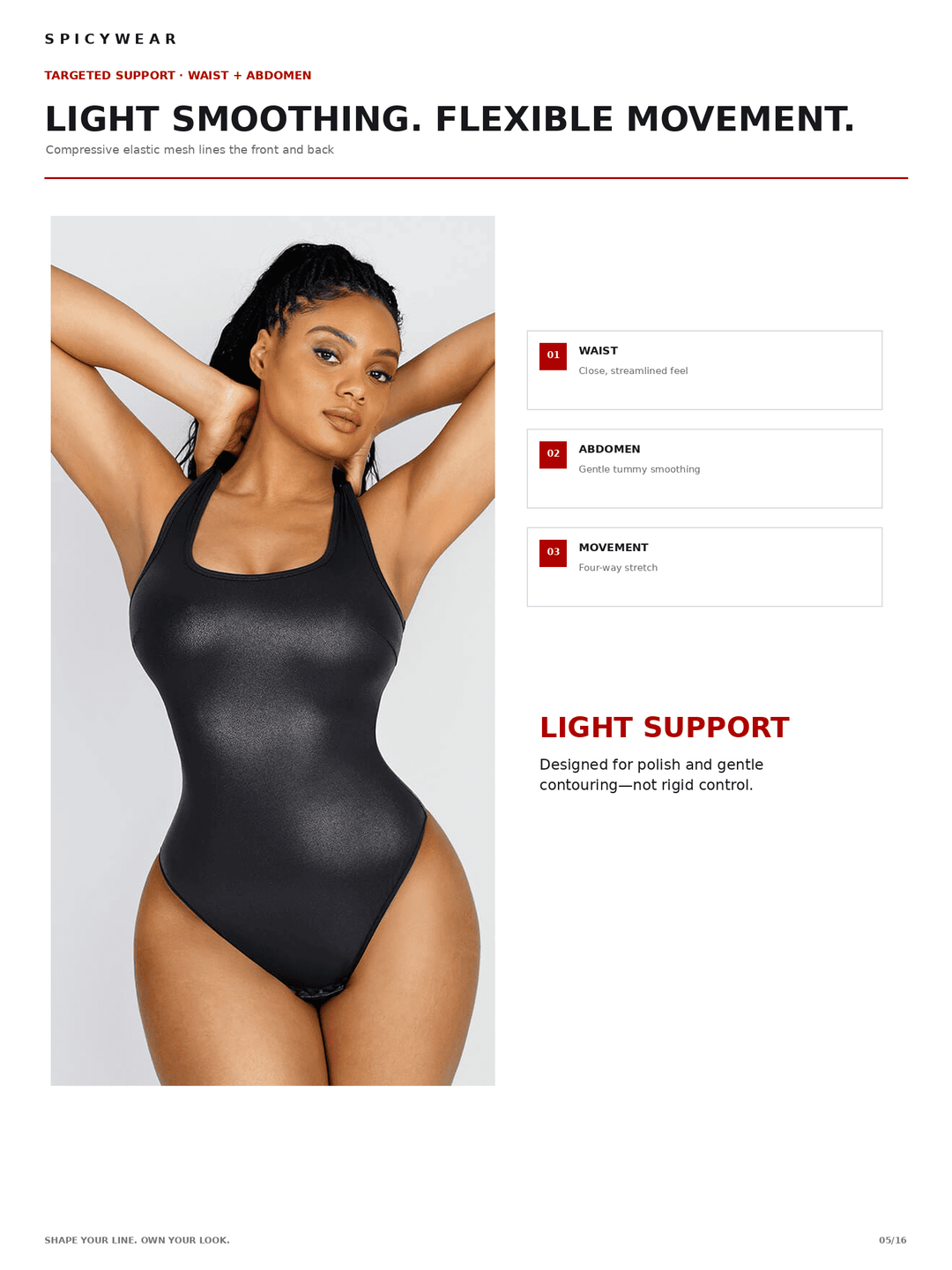 A model wears a black spiky-shoulder bodysuit on a white marketing page with text callouts for waist, abdomen, and movement support, plus the brand name Spicywear.