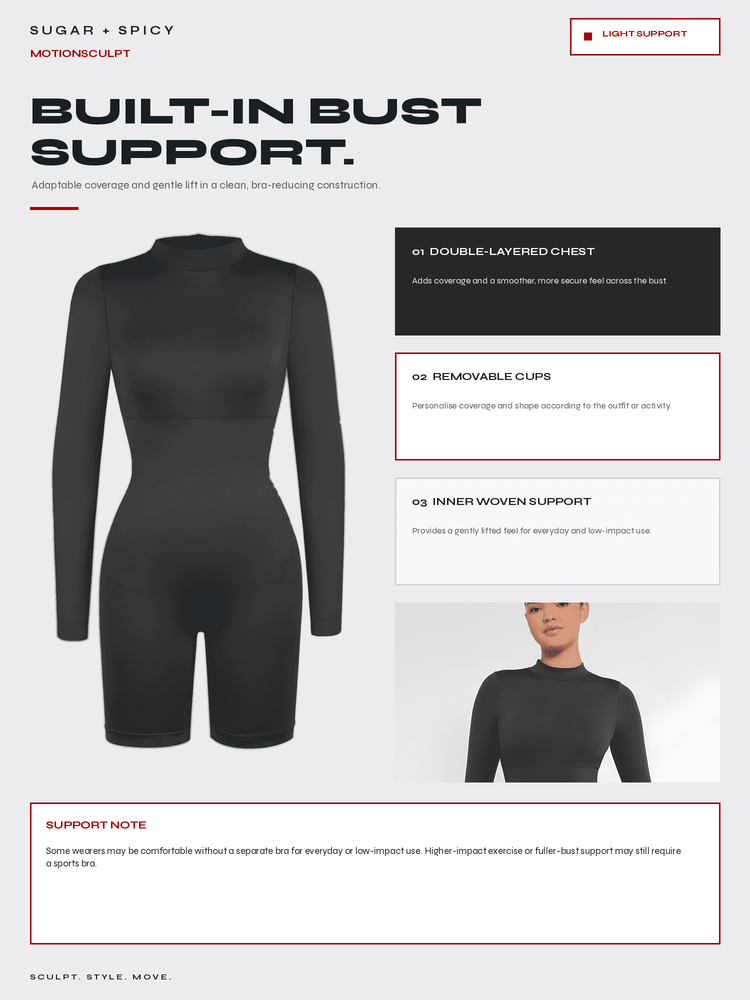 A promotional infographic for MOTIONGULPT built-in bust support, featuring a black long-sleeve fitted dress on a model, with text callouts about double-layered chest, removable cups, and inner woven support.