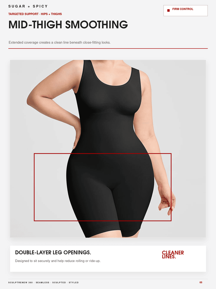 A model wearing a black mid-thigh smoothing bodysuit against a light gray background, with text overlays describing the product features and benefits.