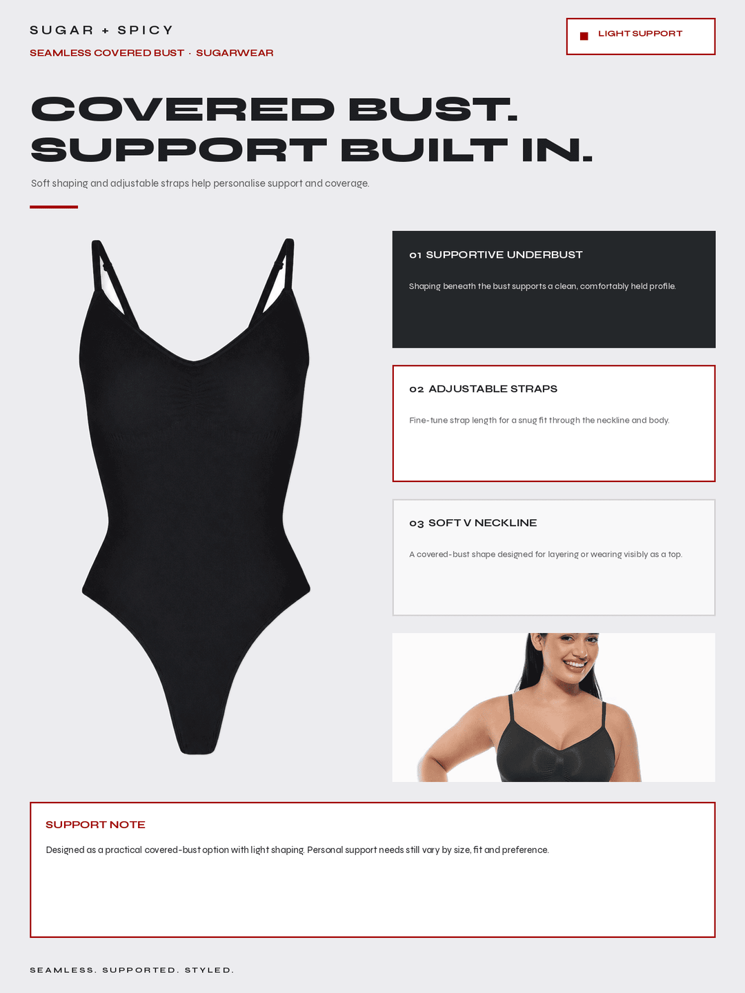 A promotional infographic for a black seamless covered bust one-piece swimsuit. The graphic features a large photo of the black swimsuit on the left, text explaining features like &